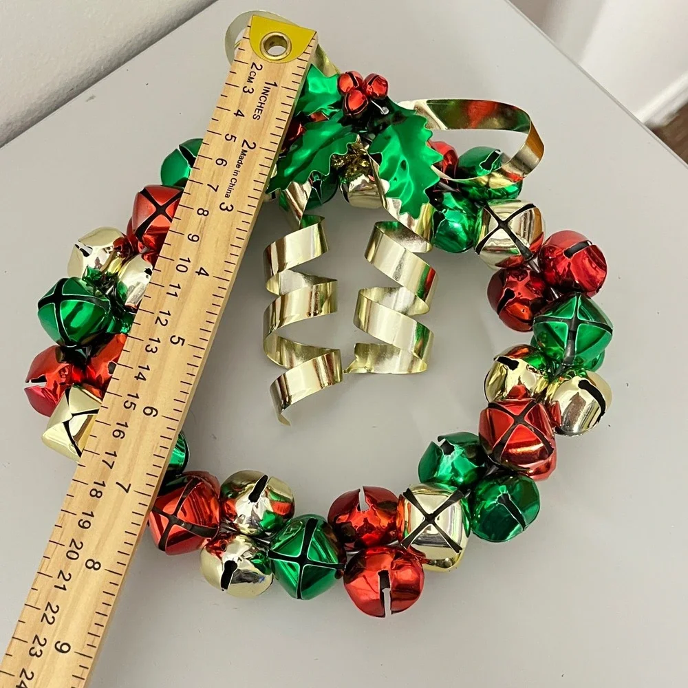 Vintage  Jingle Bell Wreath Home Decor OS Red Green Gold Holiday Holly Bow